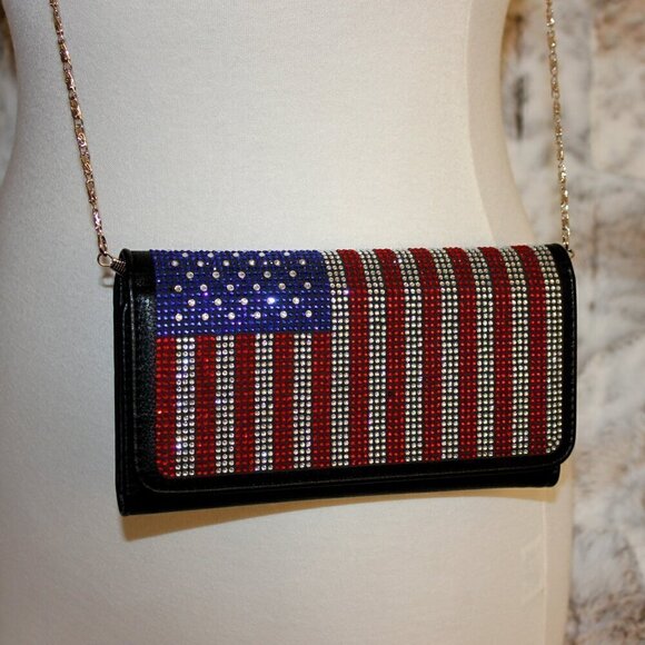Patriotic Red White Blue Rhinestone Bling Black Hobo Crossbody Mini Shoulder Bag - Picture 1 of 11